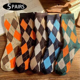 5 Pairs Women's Lightweight Mid-Calf Socks, Spring/Autumn, Retro Artistic Style, Diamond Pattern, Classic & Fashionable, Versatile For Daily Wear