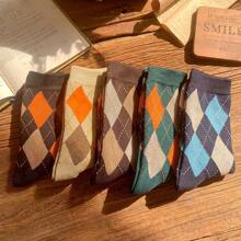 5 双女士轻质中筒袜，春/秋，复古艺术风格，钻石图案，经典时尚，适合日常穿着 - 彩色 - 查看 8