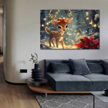 1 Pc Unique Wrapped Wooden Frame Canvas Poster, Christmas Reindeer Canvas Wall Art Poster Seasonal Deer With Bow And Holly Decoration, Festive Wall Decor For Home, Bedroom, Living Room, Bathroom, Hotel, Cafe, Office - 8*12inch/20*30cm có khung - Xem 7
