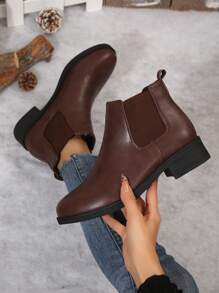 女式带扣铆钉短靴，圆头粗跟靴，拉链开合，秋冬新款，百搭羽绒服、裙子、户外、舞会，防水皮革鞋面，舒适黑色休闲时尚靴 - 棕色 - 查看 3