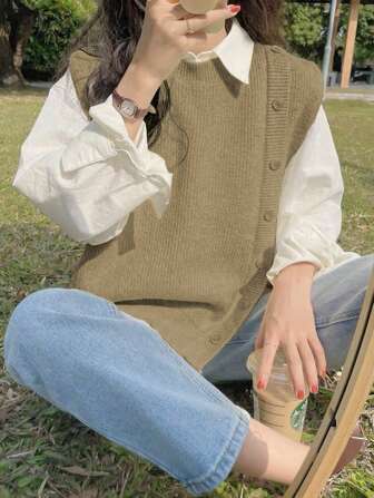 Women's Crew Neck Slit Hem Pullover Knit Sweater Vest, Christmas & New Year