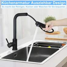 ZMH Rubinetto da cucina Rubinetto da cucina in nichel nero/sabbia Rubinetto per lavello a scomparsa Rubinetto da cucina con doccia Miscelatore girevole Lavello da cucina ad alta pressione Tubo da cucina Rubinetto da cucina a 360° Opaco