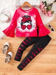Valentine's Day Girls Casual Outdoor Party 2pcs Set, Red Letter Heart Star Print Top With Ruffle Flare Sleeves, Paired With Black Snowflake Print Pants