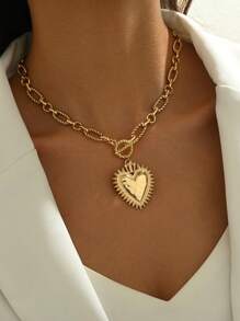 1pc Minimalism Simple Chunky Heart Decor Hammering Pattern Creative Chunky Charm Necklace Gold Chain Handmade Twisted Pattern Chain Fashionable Women Choker Pendant Necklace Classic Jewelry Luxury Girl Accessories Party Gift For Friend Free To Match Valentines,Mom,Mother,Mother's Day,Gift