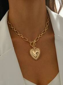 1pc Minimalism Simple Chunky Heart Decor Hammering Pattern Creative Chunky Charm Necklace Gold Chain Handmade Twisted Pattern Chain Fashionable Women Choker Pendant Necklace Classic Jewelry Luxury Girl Accessories Party Gift For Friend Free To Match Valentines,Mom,Mother,Mother's Day,Gift