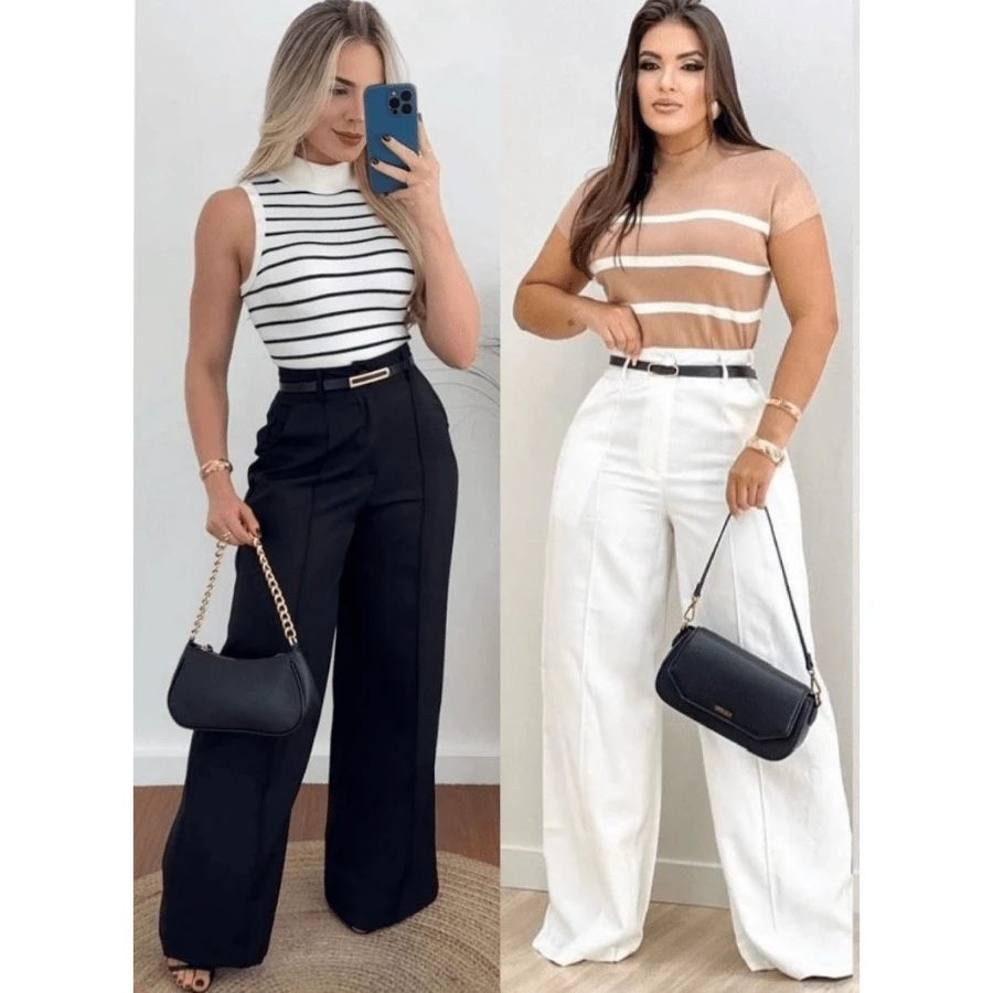 Kit Of 2 Women's Tailored Trousers, High Waist, Basic, Formal, With Belt - BỘ 2 QUẦN TRẮNG ĐEN - Xem 1
