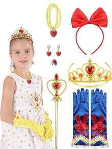 儿童黄色斗篷公主服装套装，包括黄色皇冠、黄色斗篷、红色蝴蝶结头带，适用于节日、生日派对、角色扮演、角色扮演配件 - 六件組加大紅色蝴蝶結 - 查看 3