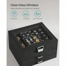 SONGMICS 3-Tier Jewelry Box, Travel Jewelry Case With Handle, 2 Drawers, Lockable Jewelry Organizer With Mirror, Jewelry Storage, Modern Style - 黑色 - 查看 11