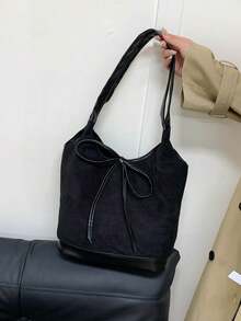 复古绒面休闲手提包，大容量，字母压花蝴蝶结装饰，拉链开合，拼布颜色，哑光饰面，优雅通勤包，适合日常使用，秋季 - 黑色 - 查看 5