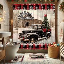 1/4 件圣诞快乐装饰冬季浴帘套装卡车蝴蝶结树格子雪花农舍黑色浴帘可洗圣诞节浴室淋浴装饰礼物家居带 12 个挂钩防滑浴垫 U 型马桶盖垫冬季装饰 - 綠色 - 查看 3