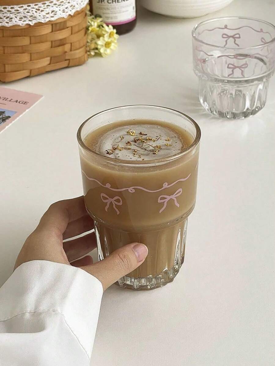 1pc Cartoon Ins Style Pink Bow Glass Cup, Girly Iced Tea/Juice Cup