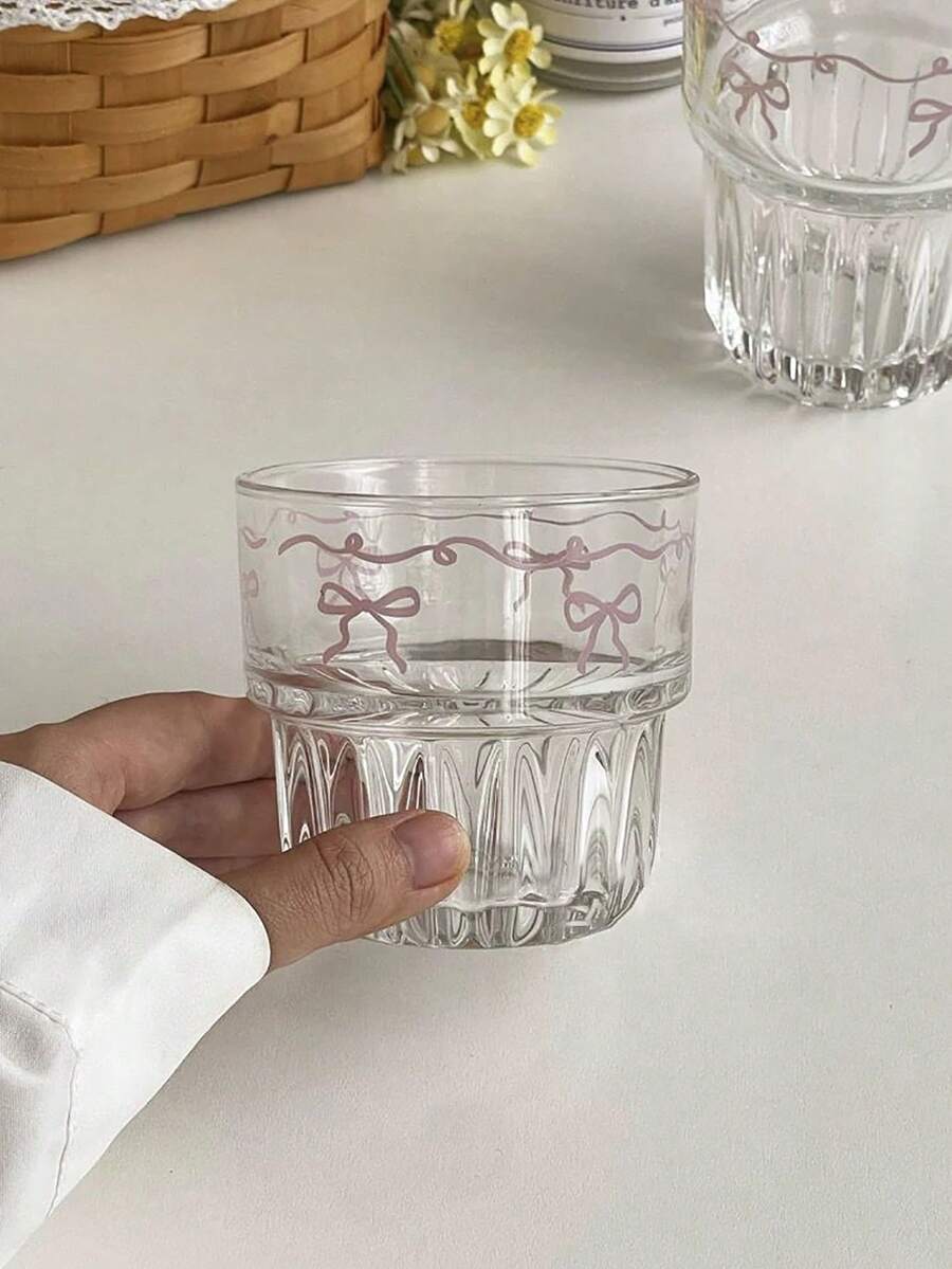 1pc Cartoon Ins Style Pink Bow Glass Cup, Girly Iced Tea/Juice Cup