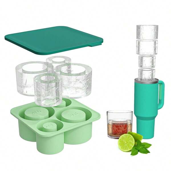 ICE TRAY 1pc Sports Bottle Ice Cube Tray With Lid, Silicone Ice Maker For 4 Hollow Cylinder Shaped Ice Cubes, Fits 30-40oz Cups, For Cooling Whiskey, Drinks, Coffee,Kitchen,Summer Beach Party,Food,Camping,Organizer,Room Decor,Kitchen Items.