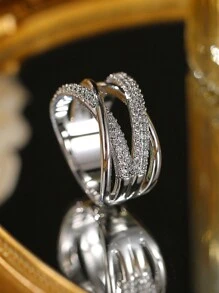 Gift Box Set High-End Cubic Zirconia Wrapped Line Silver Ring, Fashionable Jewelry For Women, Suitable For Wedding & Valentine's Day,Mom,Mother,Mother's Day,Gift - Silver - View 2