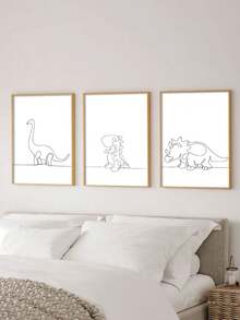 3 件套简约恐龙线条帆布印刷墙画卡通抽象侏罗纪恐龙客厅家居装饰派对父亲礼物无框 - 彩色 - 查看 1