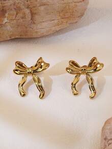 1 套 2 对优雅简约丝缎蝴蝶结不锈钢耳环，适合女性参加宴会或约会时佩戴，也可作为节日礼物 - 金黃色 - 查看 9