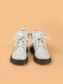 女童 PU 皮靴，中筒保暖毛绒儿童靴，休闲时尚步行靴，舒适的中帮女童靴，带拉链设计，轻便平底靴，适合室内/室外，适合秋冬季节和日常活动、派对、活动 - 米色 - 查看 2