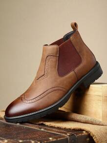 男士英伦风穿孔透气压花荔枝纹皮革高帮休闲软底切尔西靴，新品上市 - 棕色 - 查看 2