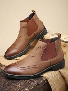男士英伦风穿孔透气压花荔枝纹皮革高帮休闲软底切尔西靴，新品上市 - 棕色 - 查看 3