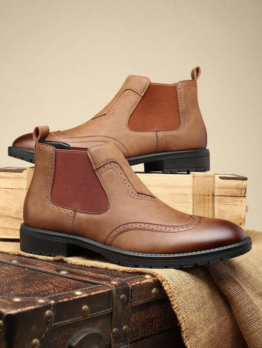 男士英伦风穿孔透气压花荔枝纹皮革高帮休闲软底切尔西靴，新品上市 - 棕色 - 查看 1