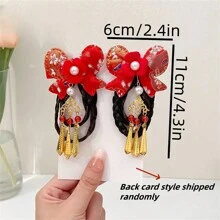 1 对儿童中国风红色蝴蝶结发夹，农历新年礼物（随机包装款式）
