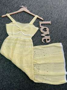 Long Lace Striped Dress With Lining And Tricot Details - 黃色 - 查看 2