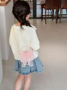 1pc Girls Polyester Cartoon Bow Pattern Crossbody Bag, Cute Design For Outdoor Use