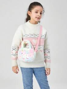 1个可爱毛绒心形卡通零钱包 - 女孩日常斜挎包 - 可爱装饰收纳袋，带零钱功能，适合小女孩，扎染毛绒迷你零钱包，带安全拉链，适合冬季使用（扎染工艺，颜色位置不固定） - 粉色 - 查看 3