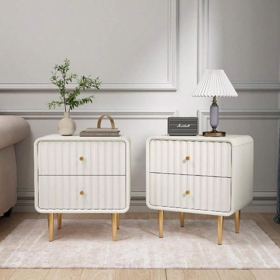 Modern Nightstand Set Of 2 With 2 Drawers & Gold Metal Handle, Fluted Bed Side Table, White Wood End Table With Storage For Bedroom, Living Room - 白色 - 查看 1