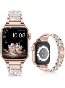 1 pieza Correa de Reloj de Apple para Mujer de Lujo con Brillos de Cristal Rhinestone de Acero Inoxidable en Color Oro Rosa