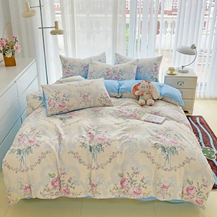 3/4pcs Rose Flower & Bow Tie Print Bedding Set, Modern Elegant Blue