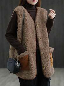 Damen Lässige & Hauskleidung Luftige Passform Ärmellose Kontrast-Farbe Tasche Plüsch Weste, für Herbst/Winter