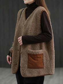 Damen Lässige & Hauskleidung Luftige Passform Ärmellose Kontrast-Farbe Tasche Plüsch Weste, für Herbst/Winter