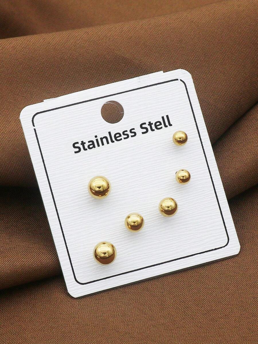 6 件/套 18K 镀金不锈钢水滴形简约耳环，时尚珠宝配饰礼物 - 球形 - 查看 1