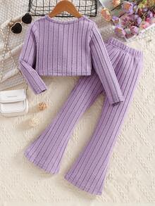小女孩十字交叉针织长袖上衣和喇叭裤两件套服装 - 紫色 - 查看 2