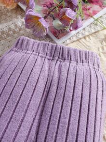 小女孩十字交叉针织长袖上衣和喇叭裤两件套服装 - 紫色 - 查看 5