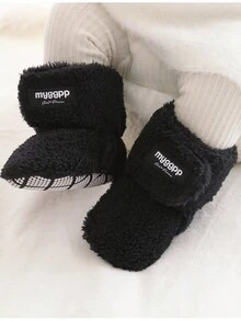 Myggpp 婴儿男孩女孩靴子新生儿鞋冬季雪地蝴蝶结防滑软底保暖婴幼儿学步鞋 - 黑色 - 查看 13