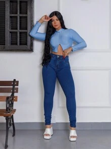 Women's Skinny Bum Lift Jeans Premium Fabric Pocketless Detail - 深色水洗藍 - 查看 3