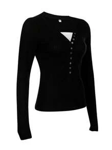 Women Y2k Button Front Knit Tops Long Sleeve Lace Patchwork Slim Fit Blouse Tops Fairy Grunge T-Shirts Streetwear Aesthetic Clothes Fall Spring Streetwear 2000s - 黑色 - 查看 3