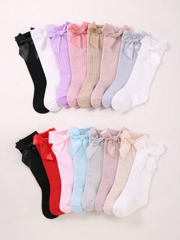 8 pares de calcetines para niñas con decoración de lazo rosa | Calcetines de rodilla con lazo para bebé niña | Medias para bebé | Calcetines para recién nacidos | Calcetines lindos de primavera y verano con lazo | Calcetines con lazo para decoración de Halloween, Acción de Gracias, Navidad y regalo de Navidad