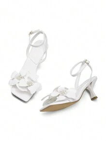 Women Flower Decor Low Kitten Heeled Sandals, Fashion Square Open Toe Ankle Strap Heeled Sandals For Christmas Halloween Party Prom - trắng - Xem 6