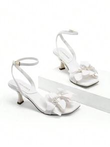 Women Flower Decor Low Kitten Heeled Sandals, Fashion Square Open Toe Ankle Strap Heeled Sandals For Christmas Halloween Party Prom - trắng - Xem 3