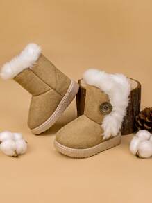 1 Pair Kids Boots With Thermal Lined Thick Soft Bottom Fuzzy Side Button Snow Boots, Anti-Slip Anti-Wind, Suitable For Autumn/Winter Indoor & Outdoor, Parties, Traveling