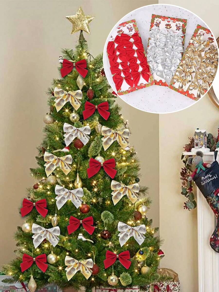 Set de 12 lazos de terciopelo rojo y dorado de 5.5cm, decoración de árbol de Navidad, decoración de envoltura de regalo, decoración de ramos, decoración de corona de Navidad, decoración de globos, accesorios de manualidades DIY, decoración de cajas de regalo para bodas, adecuado para fiestas, bodas y Halloween - Multicolor - Ver 1