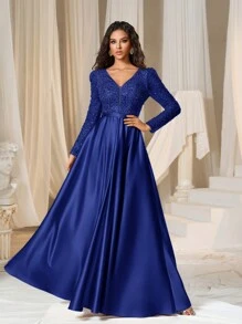Faeriesty Plunging Neck Sequin Bodice Contrast Satin Hem Formal Dress - Royal Blue - View 2
