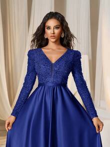 Faeriesty Plunging Neck Sequin Bodice Contrast Satin Hem Formal Dress - Royal Blue - View 7