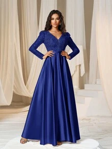 Faeriesty Plunging Neck Sequin Bodice Contrast Satin Hem Formal Dress - Royal Blue - View 5
