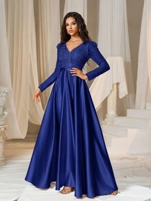 Faeriesty Plunging Neck Sequin Bodice Contrast Satin Hem Formal Dress - Royal Blue - View 4