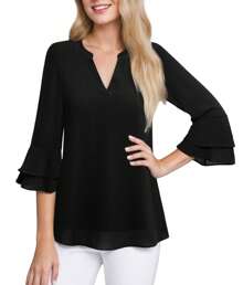 Women's Tops Fashionable Casual Three-Quarter Bell Sleeve Shirt Double Layer Chiffon Work Tunic Shirt - màu đen - Xem 3