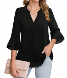 Women's Tops Fashionable Casual Three-Quarter Bell Sleeve Shirt Double Layer Chiffon Work Tunic Shirt - màu đen - Xem 1
